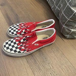Flame Red and White Vans Slip-Ons